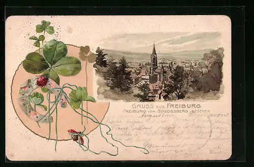 Passepartout-Lithographie Freiburg /Br., Total vom Schlossberg gesehen, Kleeblatt und Marienkäfer