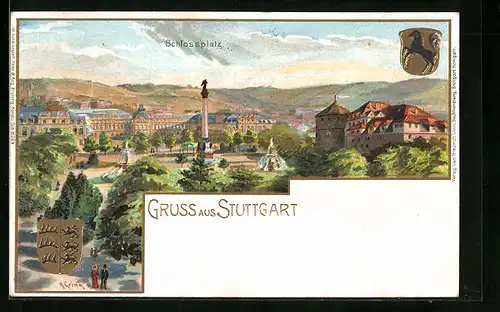 Lithographie Stuttgart, Blick auf den Schlossplatz