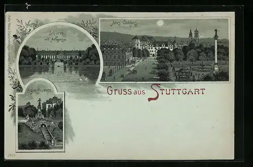 Mondschein-Lithographie Stuttgart, Schloss mit Anlagensee und Eugen-Brunnen