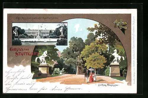 Lithographie Stuttgart, Kgl. Residenzschloss-Gartenseite und Untere Anlagen
