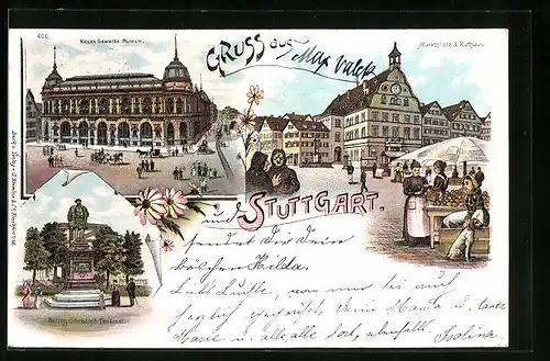 Lithographie Stuttgart, Neues Gewerbemuseum, Herzog Christoph Denkmal und Marktplatz