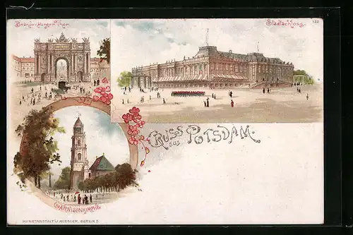 Lithographie Potsdam, Garnisonskirche, Brandenburger Thor und Stadtschloss