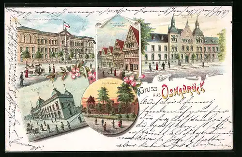 Lithographie Osnabrück, Justizgebäude u. Kriegerdenkmal, Bierstrasse, Kaiserl. Post