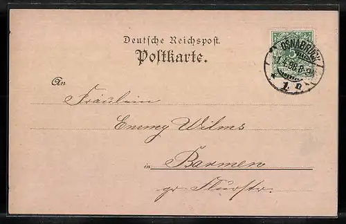 Lithographie Osnabrück, Justizgebäude u. Kriegerdenkmal, Bierstrasse, Kaiserl. Post