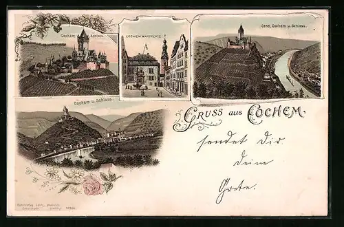 Lithographie Cochem, Schloss, Marktplatz, Panorama