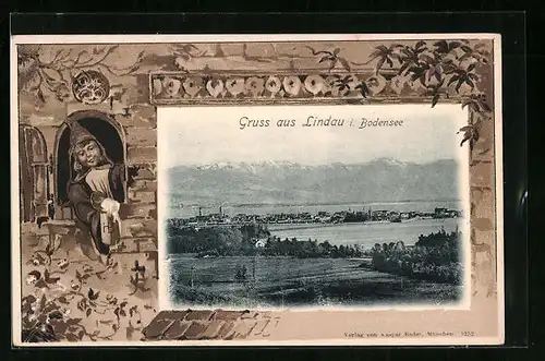 Passepartout-AK Lindau i. Bodensee, Panorama mit Gebirgskette, Münchner Kindl