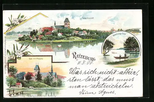 Lithographie Ratzeburg, Dom mit Probstei, Demolirungs-Ecke, Panorama