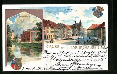 Lithographie Hildburghausen, Technikum, Marktplatz, Wappen