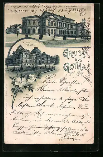 Lithographie Gotha, Kaiserl. Postamt, Hoftheater