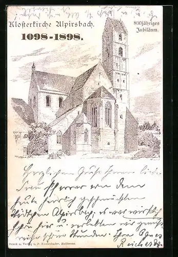 Lithographie Alpirsbach, Klosterkirche, 800jähriges Jubiläum 1898, Festpostkarte