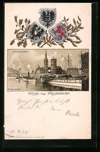 Passepartout-Lithographie Düsseldorf, Rheinwerft mit Brücke, Wappen