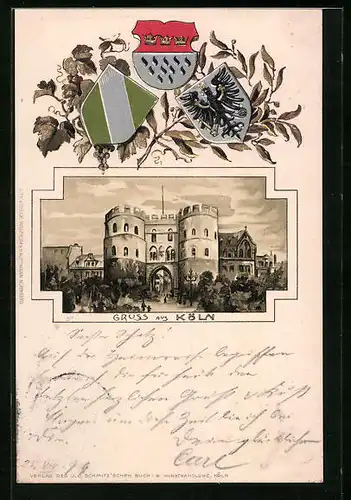 Passepartout-Lithographie Köln, Blick auf Hahnentor, Wappen