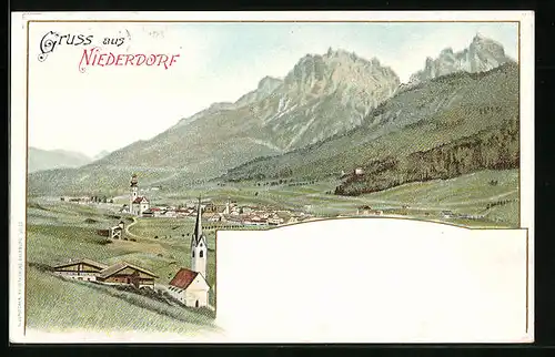 Lithographie Niederdorf, Panorama mit Kirchen