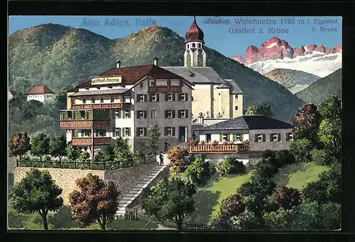 AK Welschnofen /Eggental, Gasthof z. Krone mit Alpenglühen