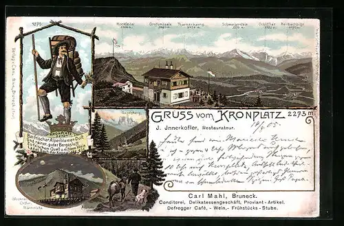 Lithographie Kronplatz, Restaurant v. I. Innerkofler, Bergpanorama