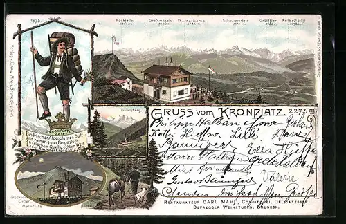 Lithographie Bruneck, Kronplatz, Restaurant v. I. Innerkofler, Bergpanorama