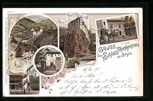 Lithographie Bozen, Schloss Runkelstein, Zugbrücke, Burghof