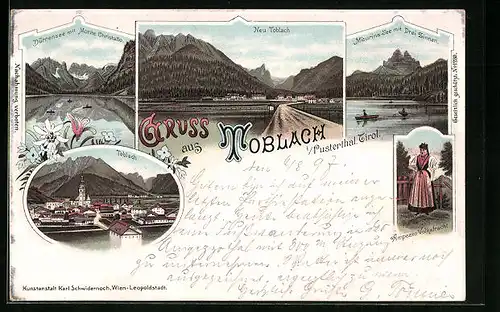 Lithographie Toblach /Pustertal, Dürrensee mit Monte Cristallo, Misurina-See mit Drei Zinnen, Panorama