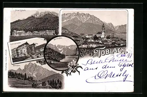 Lithographie Toblach, Hotel Germania, Dürrensee, Ortspartie