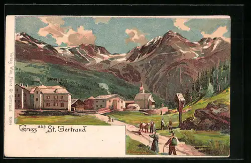 Lithographie St. Getraud, Panorama mit Hotel und Gebirge