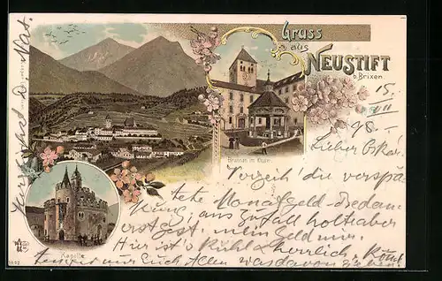 Lithographie Neustift b. Brixen, Brunnen mit Kloster, Kapelle, Totalansicht