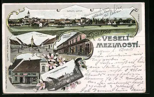 Lithographie Veseli Mezimostí, Celkový pohled, Nádrazní veranda, Námestí