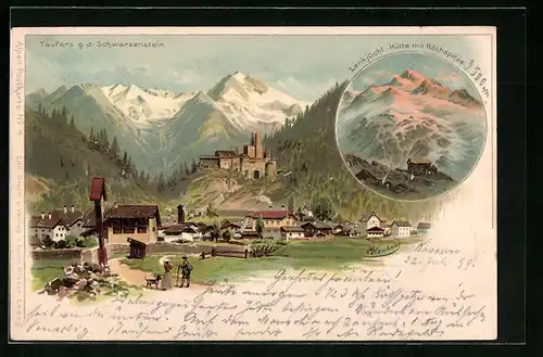 Künstler-AK sign. H. Heubner: Taufers, Ortsansicht mit Schwarzenstein, Lenkjöchlhütte mit Röthspitze