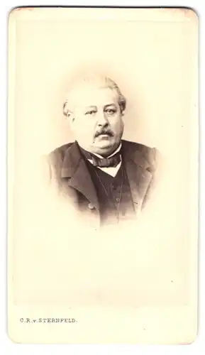 Fotografie C. r. v. Sternfeld, Wien, Portrait rundlicher Herr im Anzug mit Fliege und Moustache