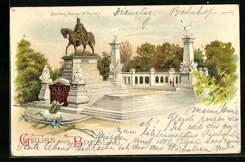 Lithographie Breslau, Kaiser Wilhelm I.-Denkmal