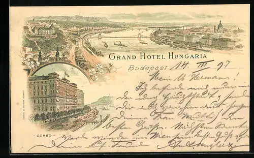 Lithographie Budapest, Grand Hotel Hungaria, Panorama