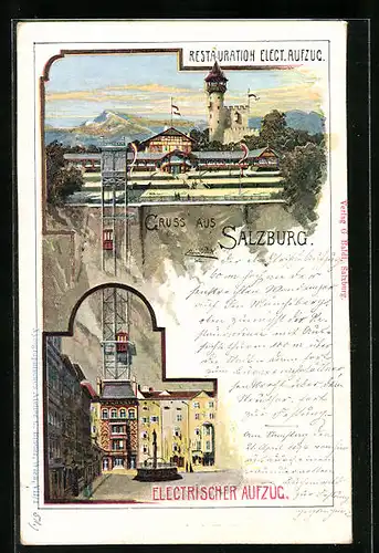 Künstler-AK Salzburg, Restauration mit elektrischem Aufzug