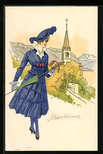 Künstler-AK Montreux, Stilvolle Dame in indigofarbendem Kleid