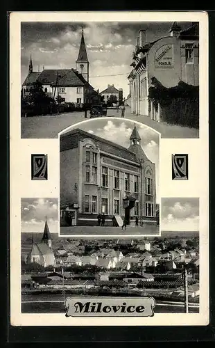 AK Milovice, Teilansichten Strasse durch den Ort und Kirche