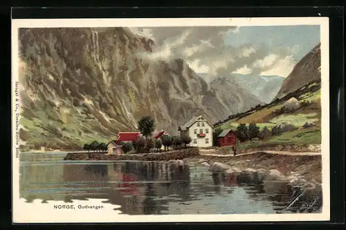 Künstler-AK Robert Kämmerer: Gudvangen, Ortspartie am Fjord