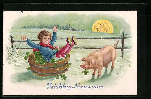 Künstler-AK Kind in Fass mit Glücksklee und Schwein - Neujahrsgruss