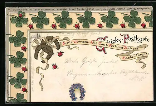 AK Glücks-Karte mit Kleeblättern, Hufeisen und Marienkäfern
