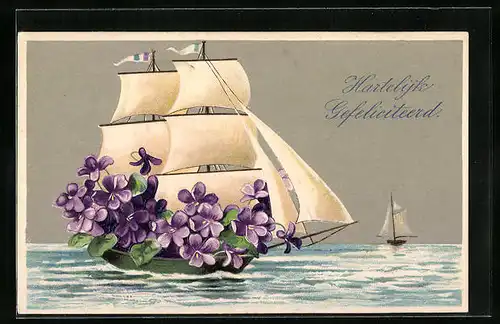 Präge-AK Mit Veilchen geschmücktes Segelschiff auf hoher See