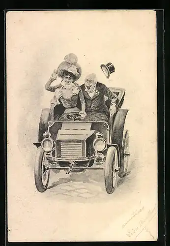 AK Schnöseliges Ehepaar bei einer wilden Fahrt in einem Automobil