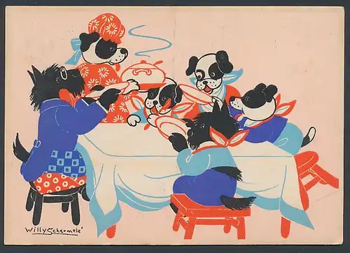 Künstler-AK Willy Schermele: Hunde bei einer Mahlzeit