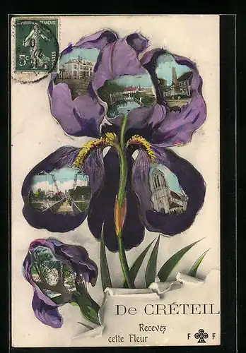 Blumengruss-AK Créteil, Ortsansichten im Veilchenrahmen