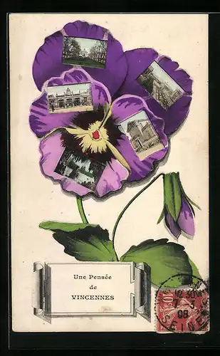 Blumengruss-AK Vincennes, Verschiedene Partien im Ort im Stiefmütterchenrahmen