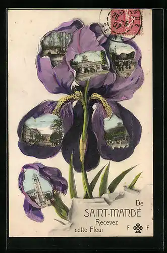 Blumengruss-AK Saint-Mande, Orspartien im Veilchenrahmen