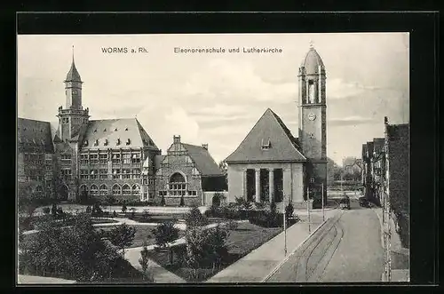 AK Worms, Eleonorenschule und Lutherkirche aus der Vogelschau