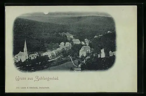 Mondschein-AK Schlangenbad, Ortsansicht aus der Vogelschau