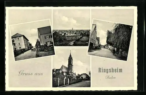 AK Ringsheim /Baden, Ortsansicht aus der Vogelschau, Strassenpartie mit Kirche