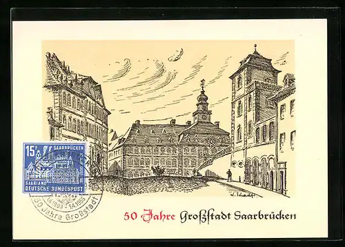 AK Saarbrücken, Festpostkarte 50 Jahre Grossstadt Saarbrücken (1959)