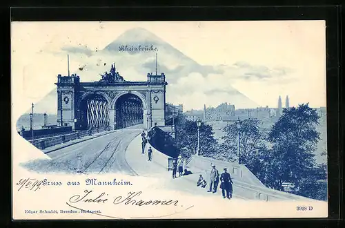 AK Mannheim, Strassenpartie an der Rheinbrücke