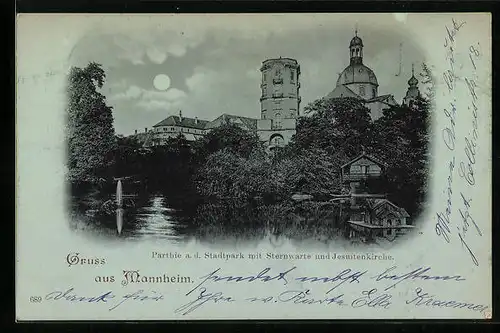 Mondschein-AK Mannheim, Partie a. d. Stadtpark mit Sternwarte und Jesuitenkirche