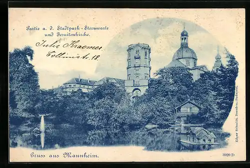 AK Mannheim, Partie a. d. Stadtpark mit Sternwarte und Jesuitenkirche