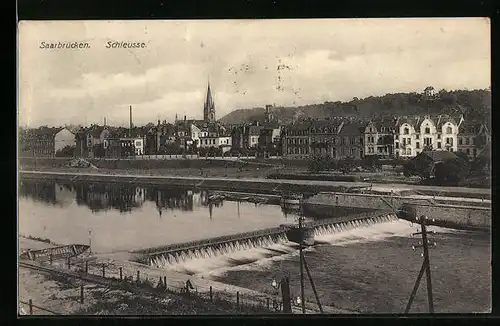 AK Saarbrücken, Schleuse mit Stadtpanorama